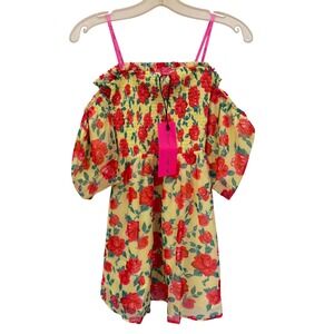 Betsey Johnson Yellow Red Rose Floral Smocked‎ Cold Shoulder Mini Dress NWT Sm